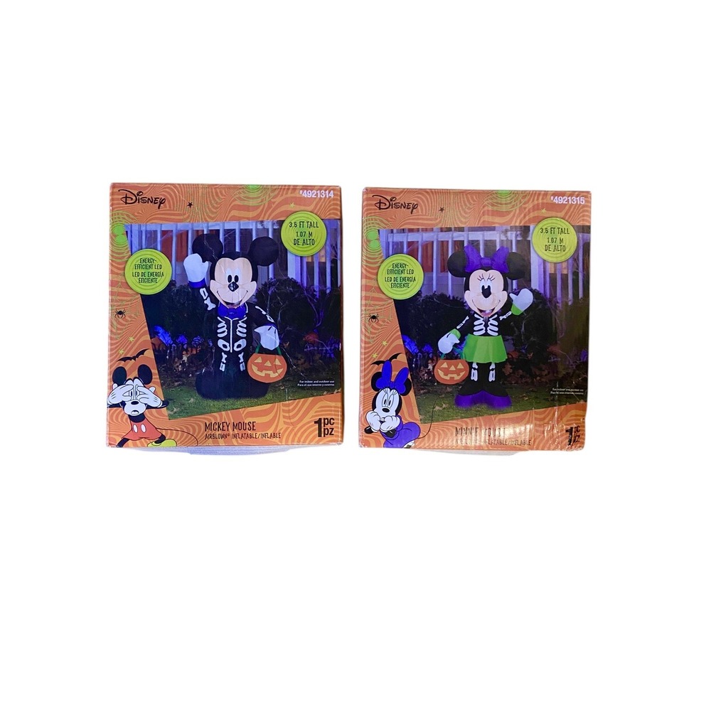 Gemmy Disney Halloween Mickey Mouse & Minnie Mouse Skeleton Inflatables 3.5 ft‎